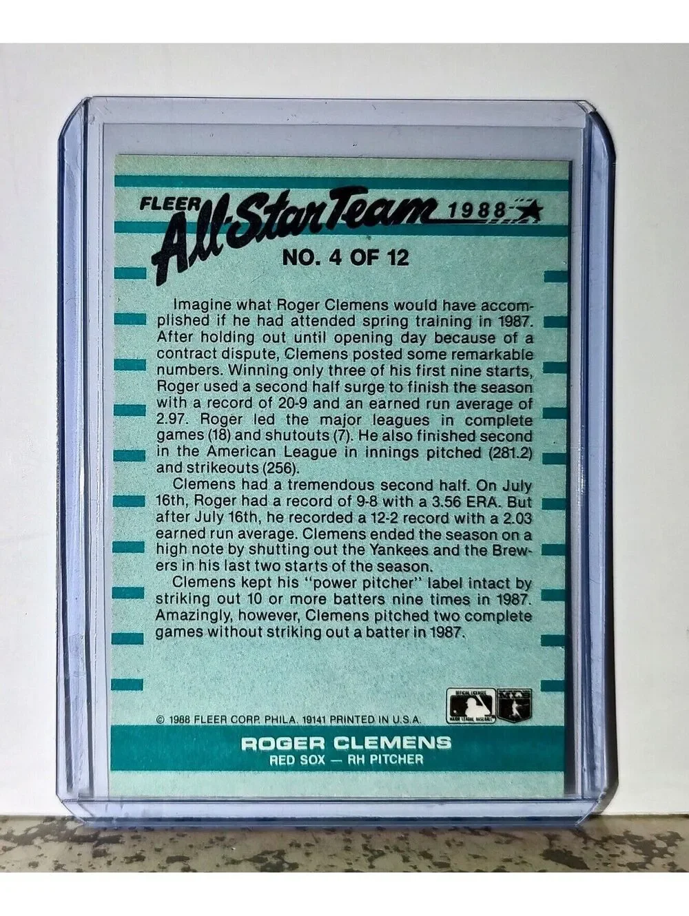 Roger Clemens 1988 Fleer All-Star Team MLB #4 Baseball Card Boston Red Sox
